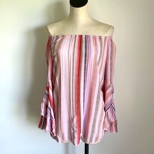 Fever Off the Shoulder Flowy Boho Flared Bell Pink Striped Top S
